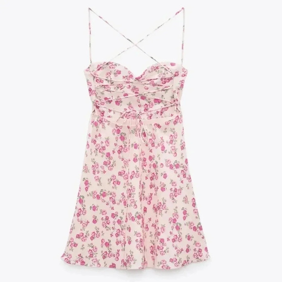 Zara Bloggers Favorite Pink Floral Lace Up Cutout Strappy Linen Blend Mini Dress - Picture 6 of 15